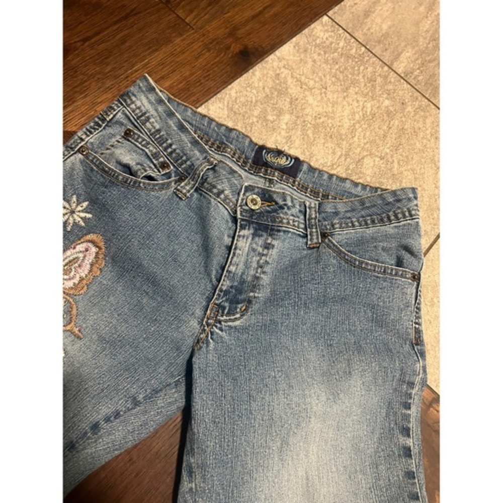 Angels Butterfly Embroidered Flare Leg Jeans Medium Wash Blue Y2K Size 9 - Picture 4 of 9